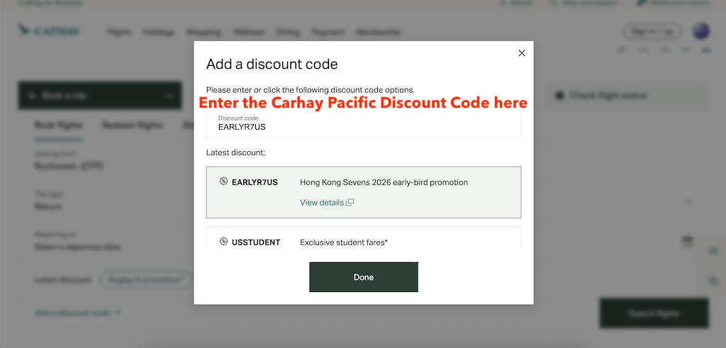 Hoe voeg ik een kortingscode van Cathay Pacific toe aan mijn boeking?