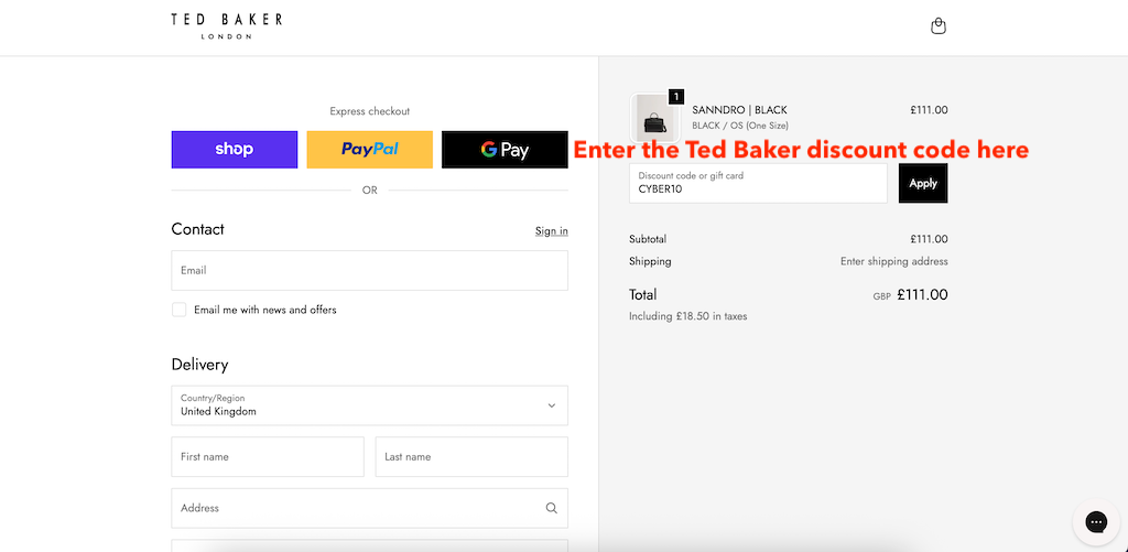 כיצד להוסיף קוד קופון של TED BAKER