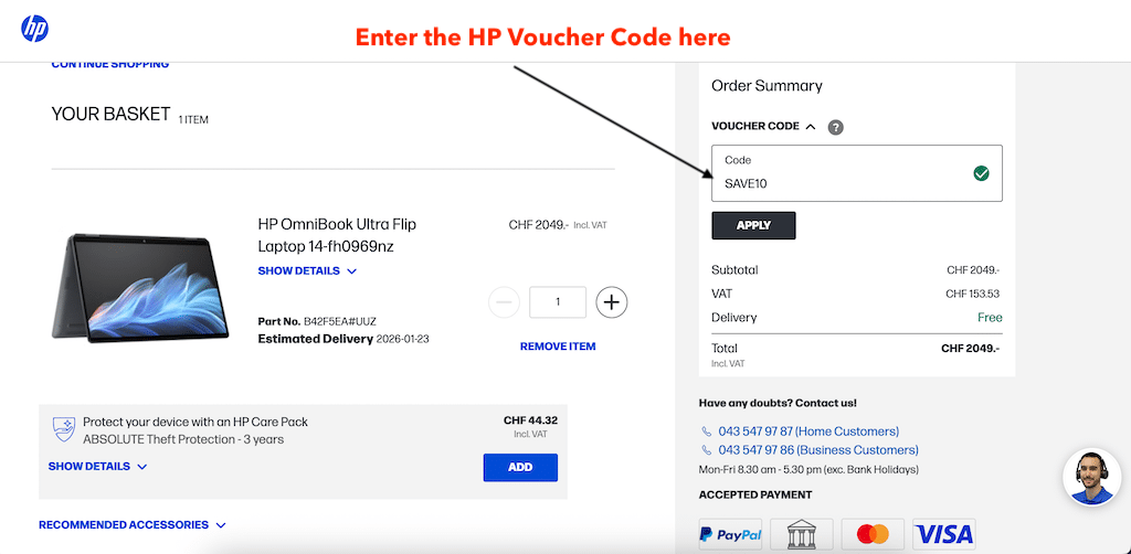 So fügen Sie einen HP Gutscheincode an der Kasse hinzu