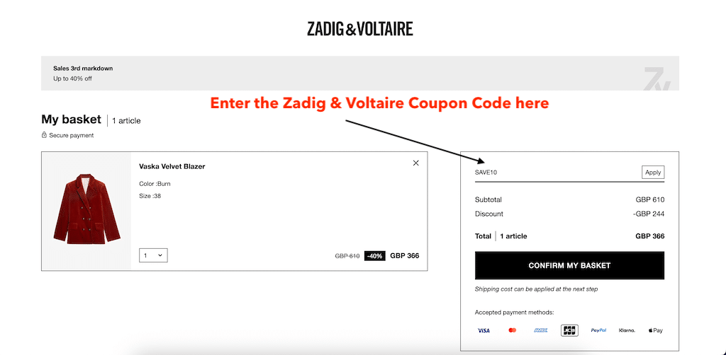 ZADIG & VOLTAIREクーポンコードを追加する方法