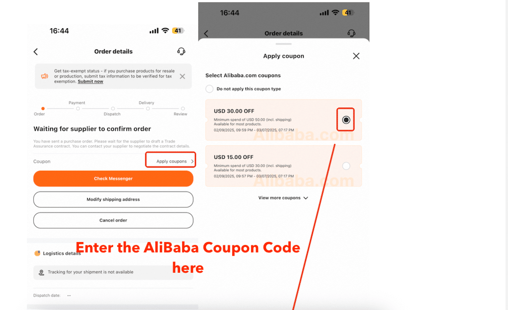 Kuidas lisada Alibaba kupongikoodi